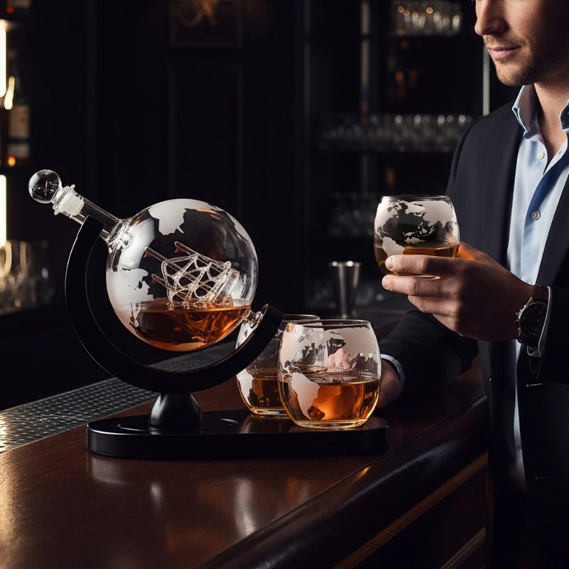 Decanter Globe Set - Kreatives Globus-Dekanter-Set mit Karaffe, Exquisitem Holzständer