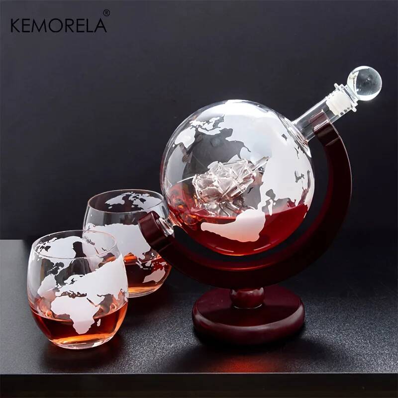 Decanter Globe Set - 900ML Globe Whiskey-Dekanter-Set, bleifreie Glaskaraffe, Holzständer,