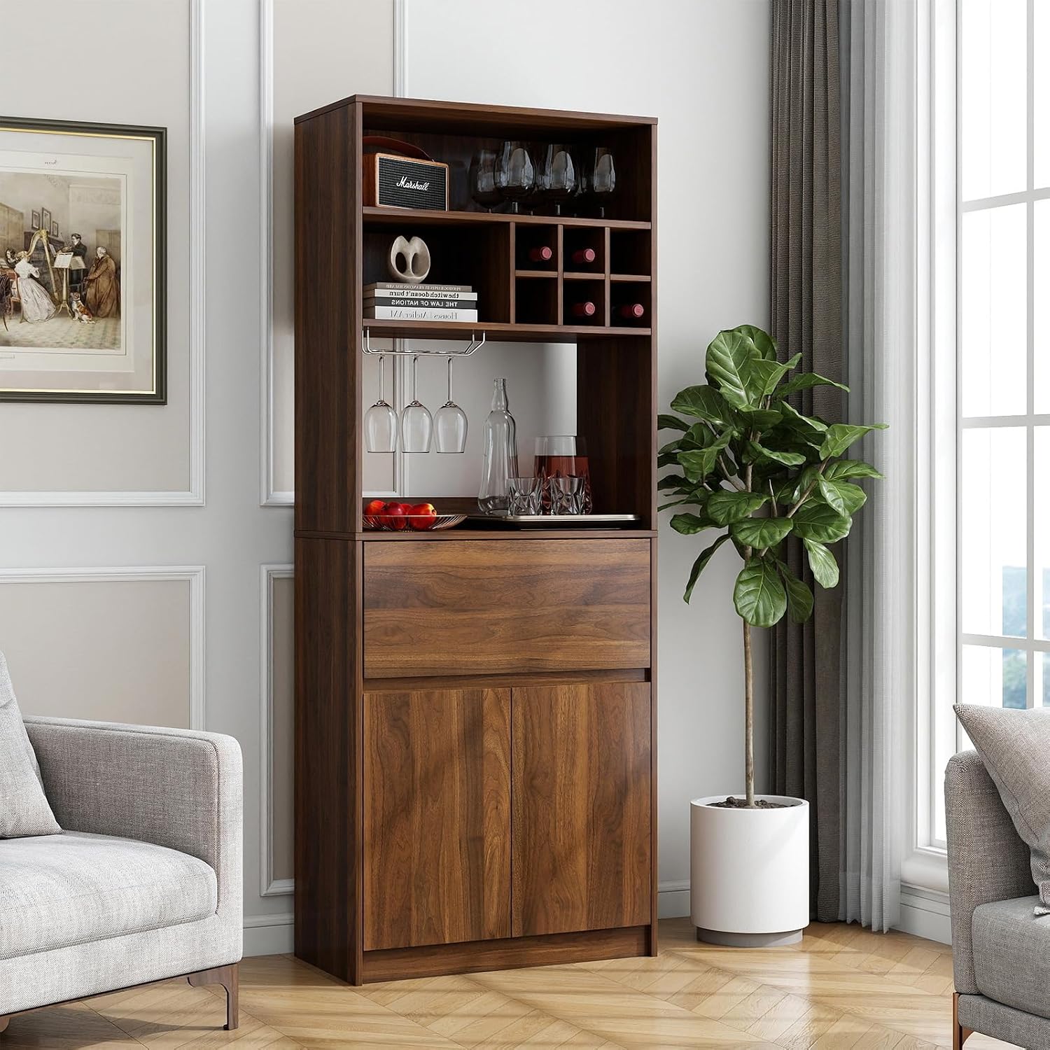 Home Bar And Cabinet - Kaffeebar-Schrank, Aufbewahrungsschrank, Theken-Weinregal mit Schublade, 71