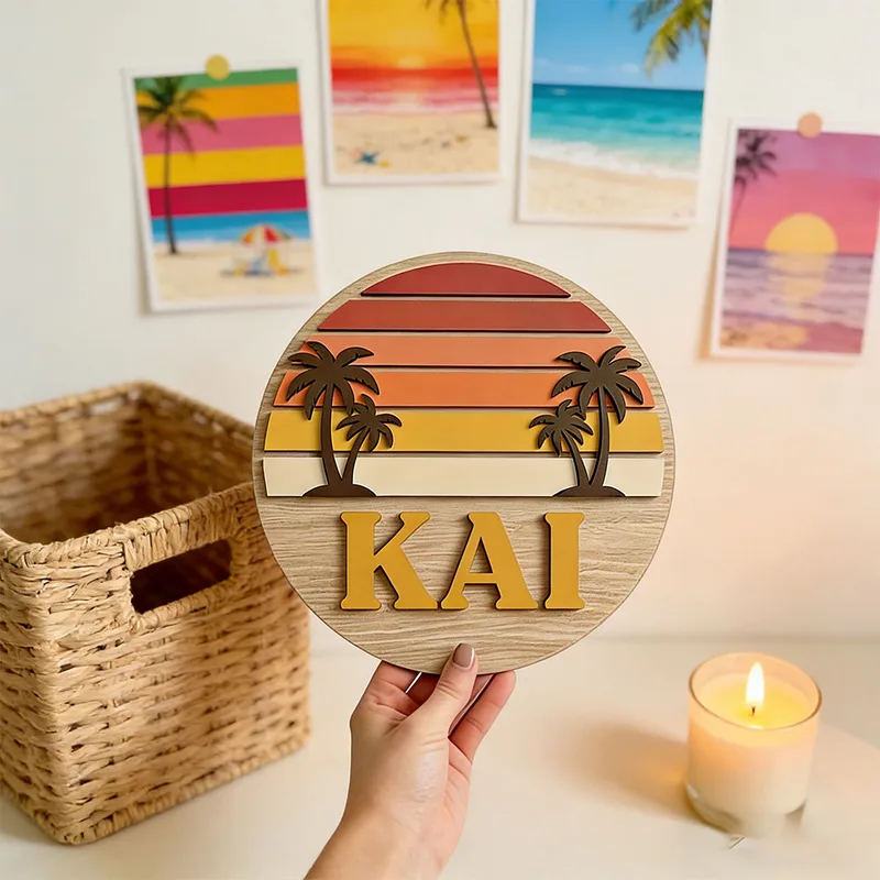 Home Bar Signs - Anpassbares Rundes Vintage Strand Sonnenuntergang Palme