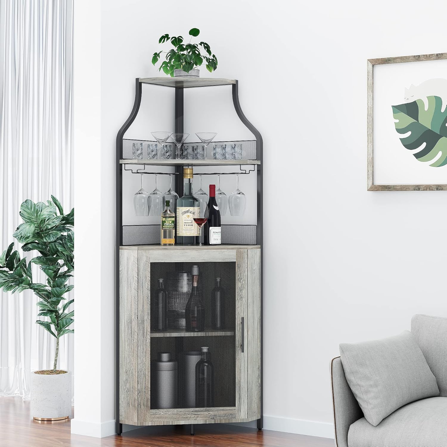 Home Bar And Cabinet - Eckbarschrank mit abnehmbarem Weinregal und Glashalter,
